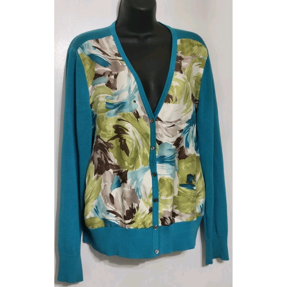 Talbots Women's Cardigan Blue Foral Silk & Cotton Extra Large‎ V-Neck